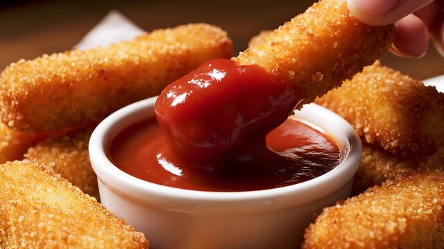 Macro view of crispy golden mozzarella sticks with rich red marinara dipping sauce in warm studio lighting