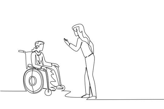 Minimalist single line drawing of furious young woman scolding an elderly lady sitting in clinic wheelchair. Problem awareness concept perfectly suits World Elder Abuse Awareness Day web articles.