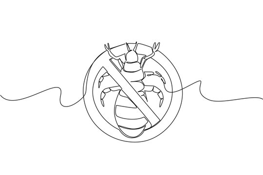 Continuous line drawing displays a lice bug louse inside a prohibition sign representing a health concept. The black outline illustration is perfect for a National Bug Busting Day flyer.