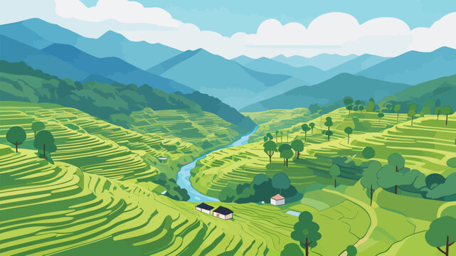 Scenic Terrace Valley Landscape With Winding River And Rural Cottages