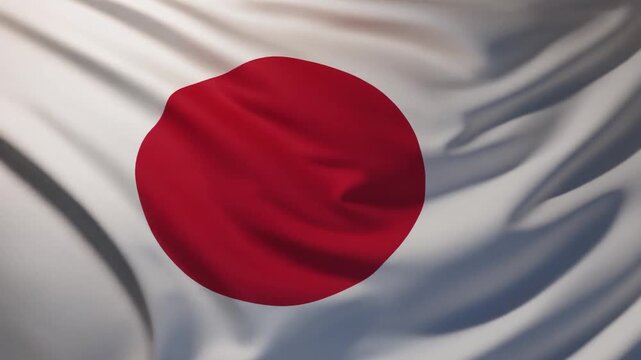 Japanese flag with white field, centered red sun circle, rippled fabric effect, symbolizing national identity and cultural heritage.