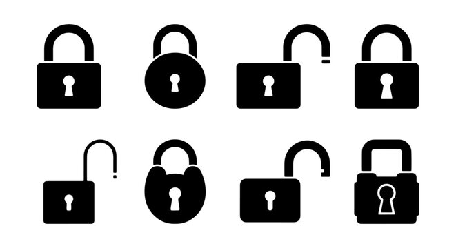 a set of eight lock silhouettes in vector format with various styles including open and closed locks on a white