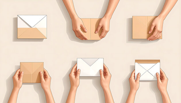 Hands holding and opening envelopes and parcels, flat lay composition with top view, showing mail delivery and correspondence