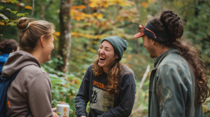 Fototapeta premium Employees laughing together during a team-building retreat in nature. --ar 16:9 --v 6 Job ID: bffb56aa-63d3-46a8-ad1c-4b3d9b6c8605