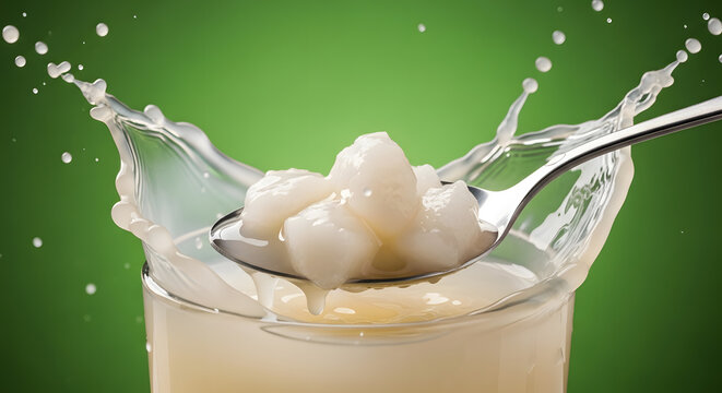 Philippine buko juice or coconut water with coconut cuts or cubes on silver spoon, splashing on a gradient green background. Invigorating fresh Asian summer drink
