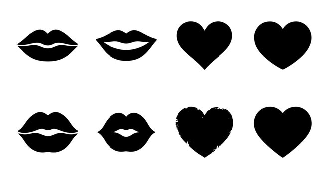 set of black lip silhouettes with various heart shapes on white background