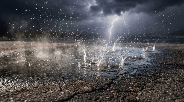 Heavy rain splashing on asphalt