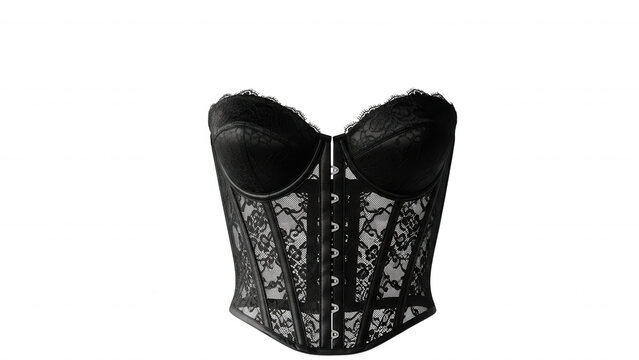 Black lace corset with front hook and eye closures, featuring floral embroidery patterns and structured cups isolated on a solid black background