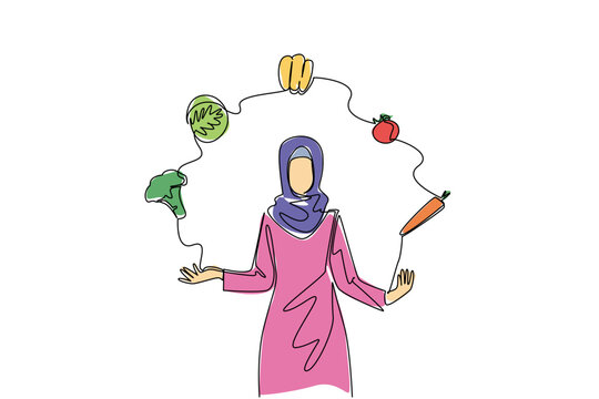 Single line drawing of a Muslim woman in hijab juggling organic vegetables with tinted details. This health concept is great for World Juggling Day banners, wellness guides, and healthy diet handouts