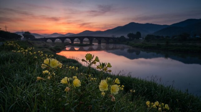 Evening primrose by the riverbank at dusk