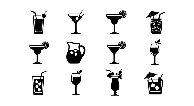 a set of twelve black and white vector silhouettes representing various types of mixed drinks including margaritas