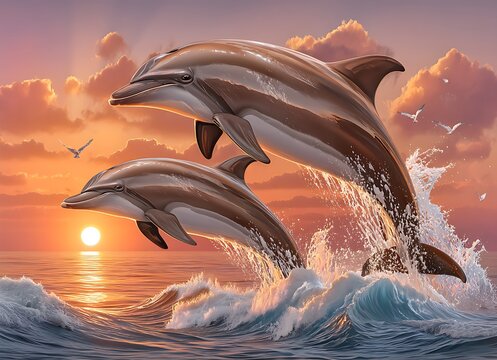 Majestic dolphins leaping above sea waves sunset high resolution photo