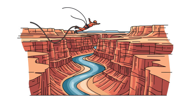 Bungee Jumper Leaping into a Vast Canyon with a River Below