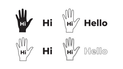 Hand silhouette greeting icon set with “Hi” and “Hello” text in bold outline and filled styles featuring hi, sign language, wave with salutation and © MissBeauty