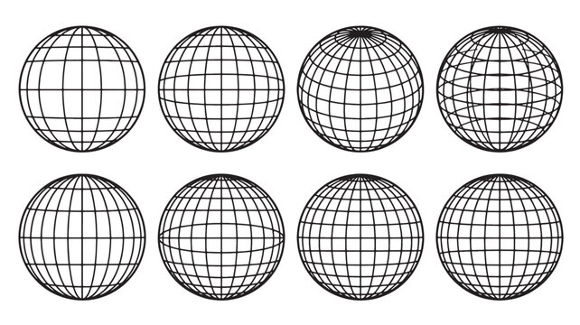Globes silhouette set with black and white grid lines for world map style infographic and web design