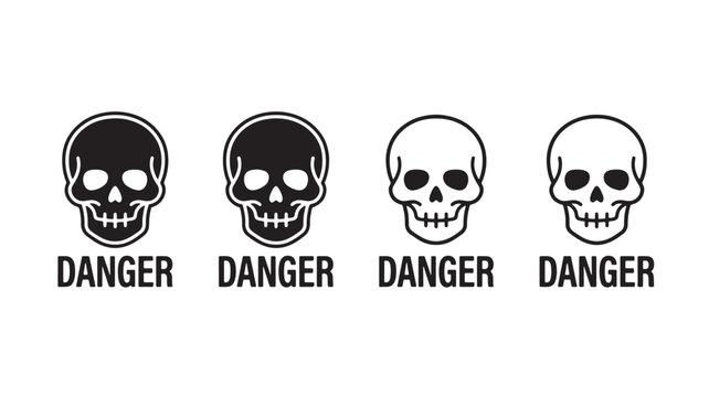 Skull danger sign icon with black outline and bold warning text for hazard and caution graphics featuring threat symbol, death head, creepy design