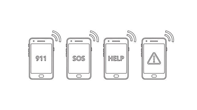Phone emergency call icon set with 911, SOS, help, and warning alert symbols and wireless signal marks