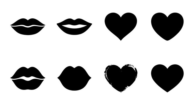set of black lip silhouettes with various heart styles on white background