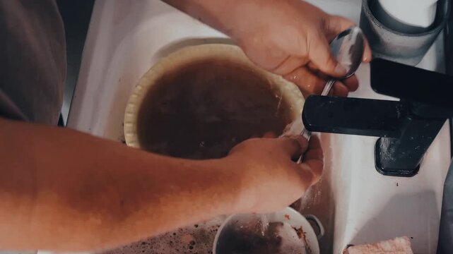 Man washes dishes in a kitchen sink with a sponge and liquid soap under running water