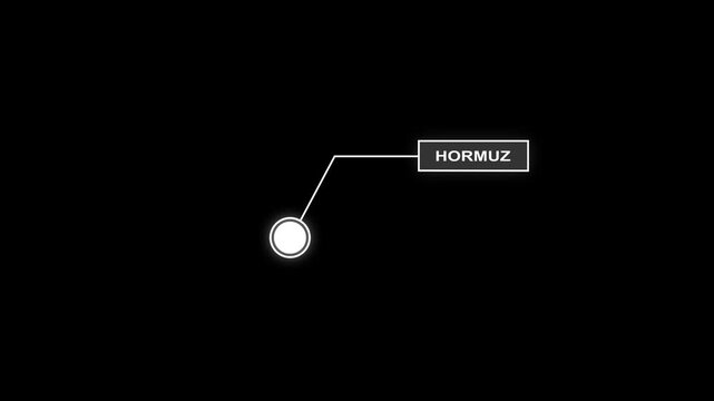 Glowing white Location Pointer with Connected Line and Hormuz Label on Black Background, Minimal Neon Map Marker Design, Strategic Geographic Indicator Concept for Energy and Trade.