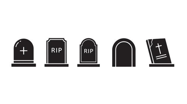 Gravestone silhouette icons set with RIP lettering, cross markers, and memorial headstone shapes for Halloween and funerals