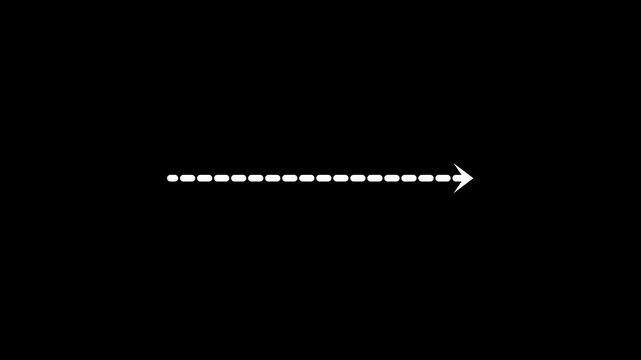 White dashed arrow moving right on a dark background abstract animation loop.Left to right arrow direction with dotted line animation isolated on black background.