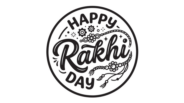 Happy Raku Day circular badge with black cursive lettering, geometric flowers, sparkles, and decorative chains