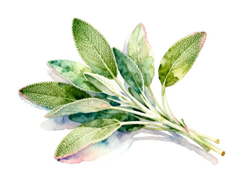 [Transparent Background PNG]Fresh green sage leaves watercolor illustration on white background