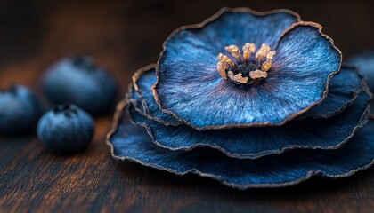 Fototapeta premium Dehydrated Dried Blueberry Slices with Unique Texture, Healthy Snack Concept on Wooden Background