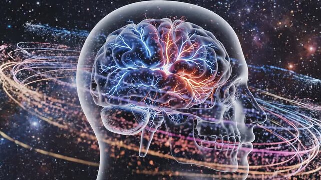 Human brain with neural activity in space perfect for IT presentations and tech marketing