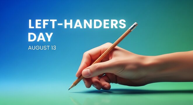 Left-Handers Day: Graceful Hand Grips Pencil on Blue-Green Gradient