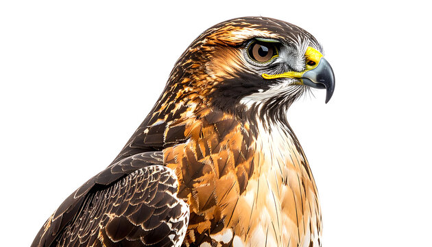 Detailed portrait of a hawk with intricate feather detail and sharp eyes, isolated on a clean white background, representing wildlife and nature