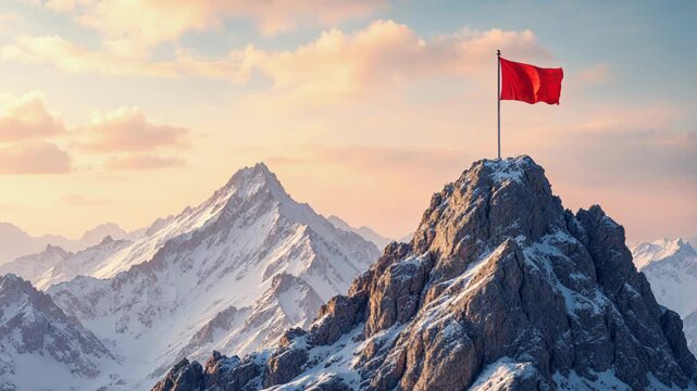 Victorious red flag standing on a mountain summit, representing success, achievement, and goals