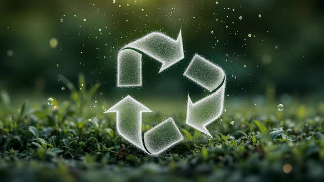 Luminous recycle icon hovers above a natural green lawn, representing environmental concepts