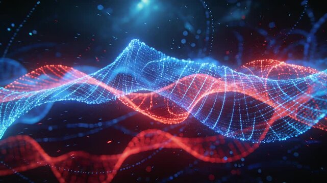 Glowing blue and red particle strands forming a complex helix structure on a dark background