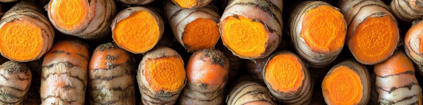 Close Up Detail of Vibrant Turmeric Roots with Soil Traces and Textured Yellow Orange Colors