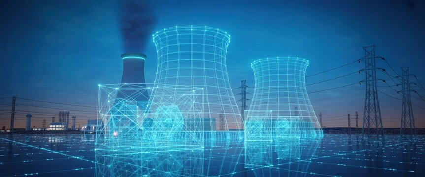 Digital twin of a nuclear power plant with cooling towers and electrical transmission towers at sunset