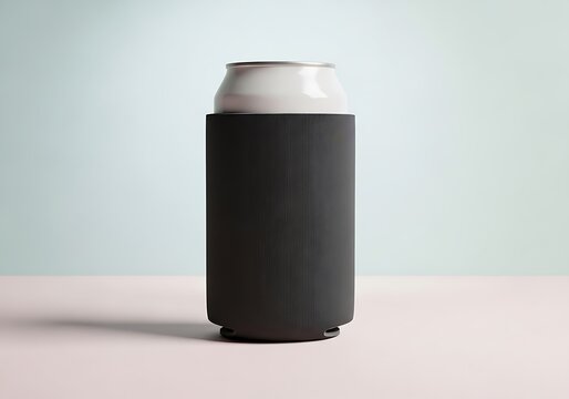 Metal soda or beer can inside a black neoprene drink cooler sleeve. koozie mockup