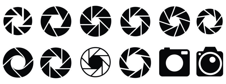 Camera lens diaphragm aperture icon set, vector illustrations of adjustable shutter blades for photography, optics, focus control, exposure settings, and camera technology design elements.