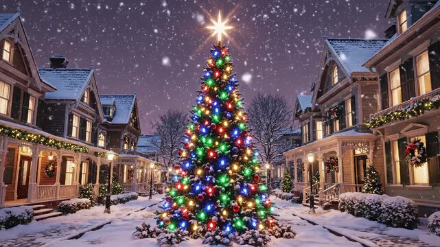 Snowy Christmas tree in front of houses symbolizing exploration and the great outdoors