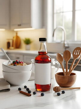 Syrup bottle mockup stands on modern kitchen counter with bowls and wooden utensils in cozy lifestyle setting
