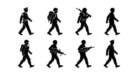 Fototapeta premium set of military personnel in various poses and uniforms as black vector icons on white background