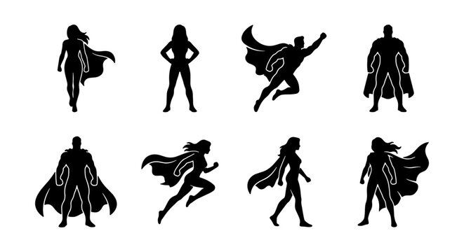 silhouette set of superheroes in dynamic poses on white background