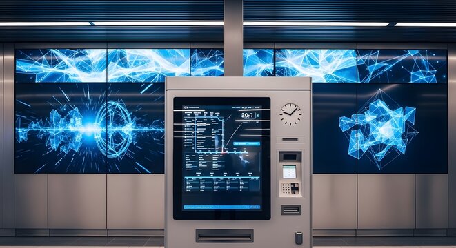 futuristic vending machine with digital screens and blue neon lights