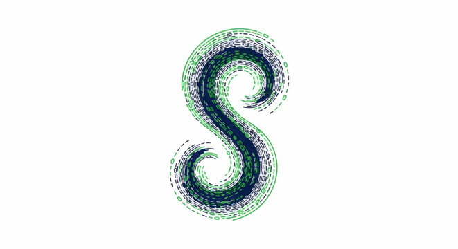 Swirling abstract shape of green and dark blue dashed lines