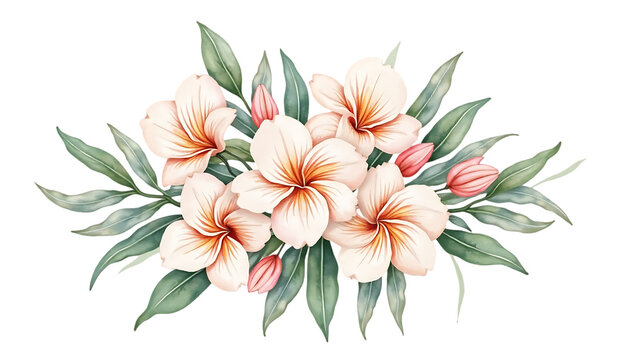Delicate Peach Flowers with Green Leaves on Transparent Background
