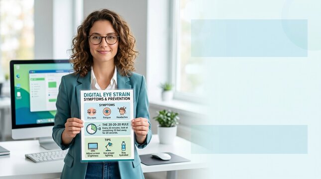 Woman presenting digital eye strain information in modern office  