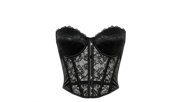 Black strapless corset with intricate floral lace overlay, structured boning, and front hook-and-eye closure on a black background