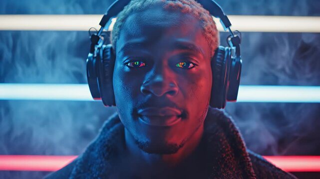 Man with headphones and smoke in neon light perfect for UI/UX design and motion graphics