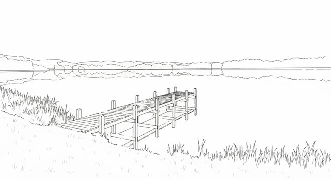 Wooden dock extends over calm water, reflecting distant hills and grassy shores